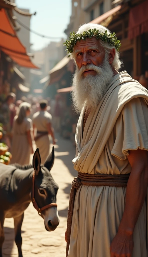 Close-up shot, Low angle shot, (Chrysippus “A wise, elderly man with a long, flowing white beard, full white hair on his head and piercing eyes, dressed in a simple but elegant white toga”, stands in a bustling ancient Greek marketplace, observing a donkey munching on figs. His expression is one of amusement and curiosity, a slight smile playing on his lips. He is dressed in a simple toga, with a wreath of olive leaves adorning his head. The background is filled with vibrant market stalls selling fruits, pottery, and fabrics, with people milling about, unaware of the philosopher’s silent observation.) unreal engine, cinematic, hyper-real, highly detailed, Ultra realistic HD --q 2 --v 6.1 --ar 9:16
