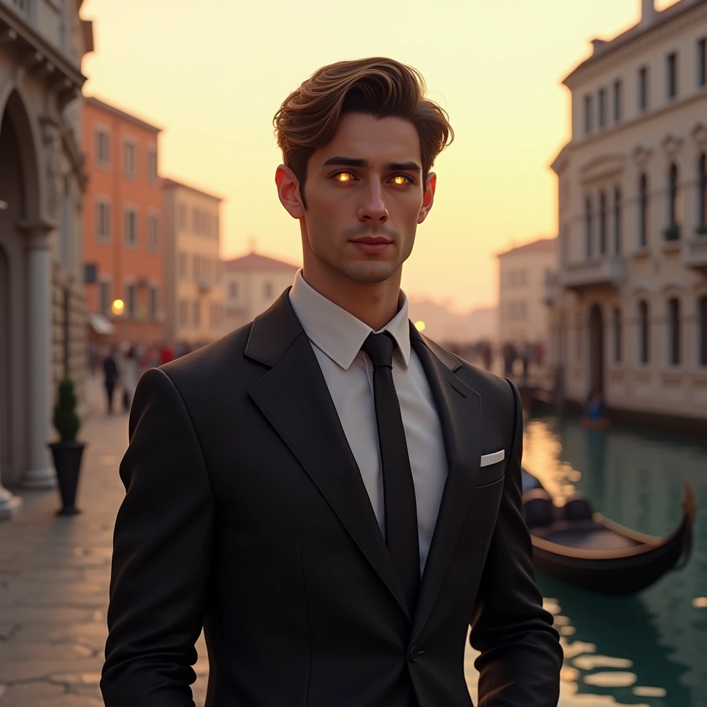 A mature, successful businessman, a modern reincarnation of Constantine the Great, a serious and attractive young man with a kind and earnest expression, a calm and composed demeanor, capable of being resolute when necessary, bright and piercing lion-like eyes, ((deep golden eyes)), in the scenic landscape of Venice at dawn.