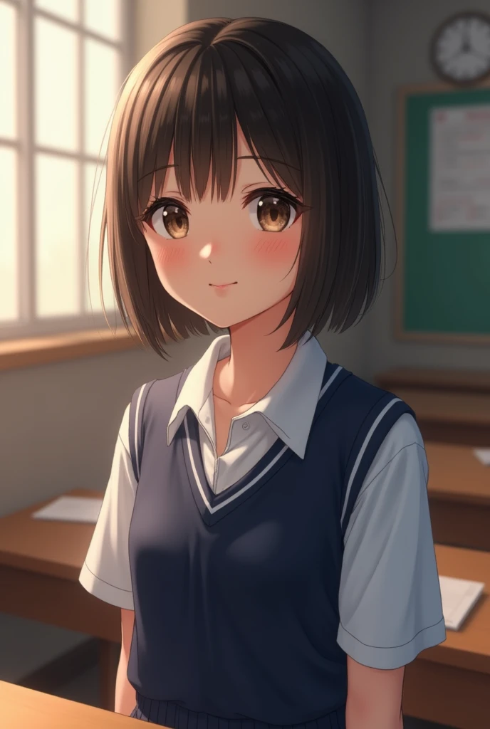 best quality, face focus, soft light, ultra high res, (photorealistic:1.4), RAW photo, 1japanese girl, solo, cute, (shy smile:0.5), (brown eyes, lights in the eyes), detailed beautt quality, face focus, soft light, ultra high res, (photorealistic:1.4), RAW photo, 1japanese girl, solo, cute, (shy smile:0.5), (brown eyes, lights in the eyes), detailed beautiful face, (small chest),(high resolution detail of human skin texture), (short bob hair), BREAK, in classroom,navy school uniform, vest, skirt