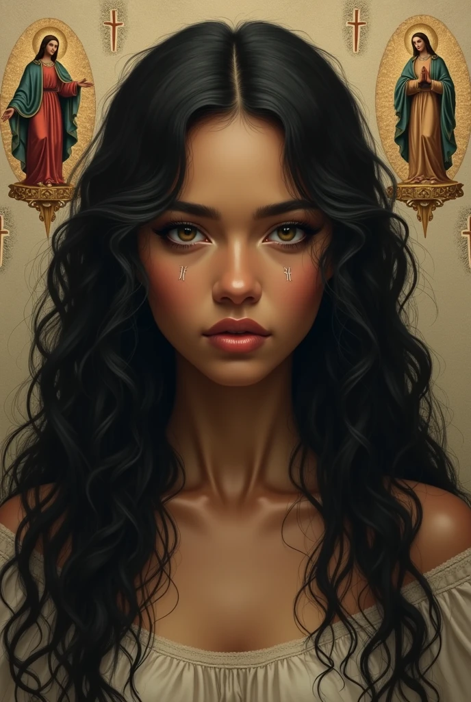 Create a drawing of a brown color, with long black curly hair, With a round face, eyes black, arched eyebrows, round nose and a beautiful mouth, A teenager from , and with a black spot below the eye and with Jesus Christ on one side and Our Lady of Aparecida on the other.