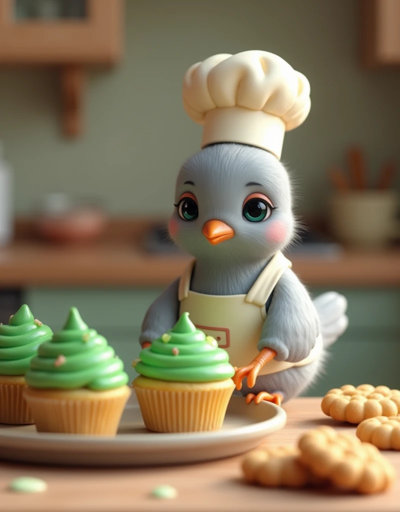 (Green hairless pufferfish cupcakes), Cute miniature「Gray color」A little dove is wearing a chef&#39;s costume and baking green puffer fish cakes in the oven.. biscuit, Cupcakes in the background.