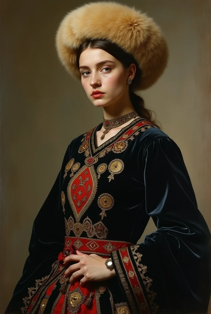 Design me a {{Colossal Masterpiece, realistic oil painting, best quality}}, a ((((a half body portrait)))), (((by Léon Bakst))), the composition is: (((a tomboy noblewoman, sullen, facing viewer. She is wearing a beige Russian fur hat. She is wearing a black Byzantine caftan with Praetorian elements, embroidered Slavic elements, sashes, red diamond shape pendant)))