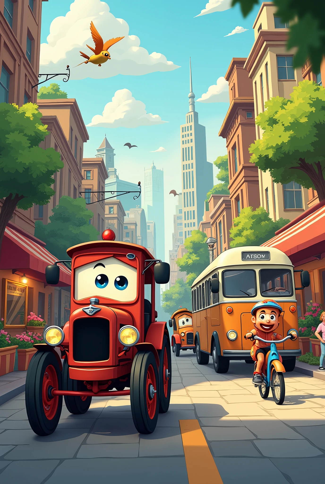 The car, the tractor, the bus and the bike happily exploring the city, with buildings, trees and the market in the background