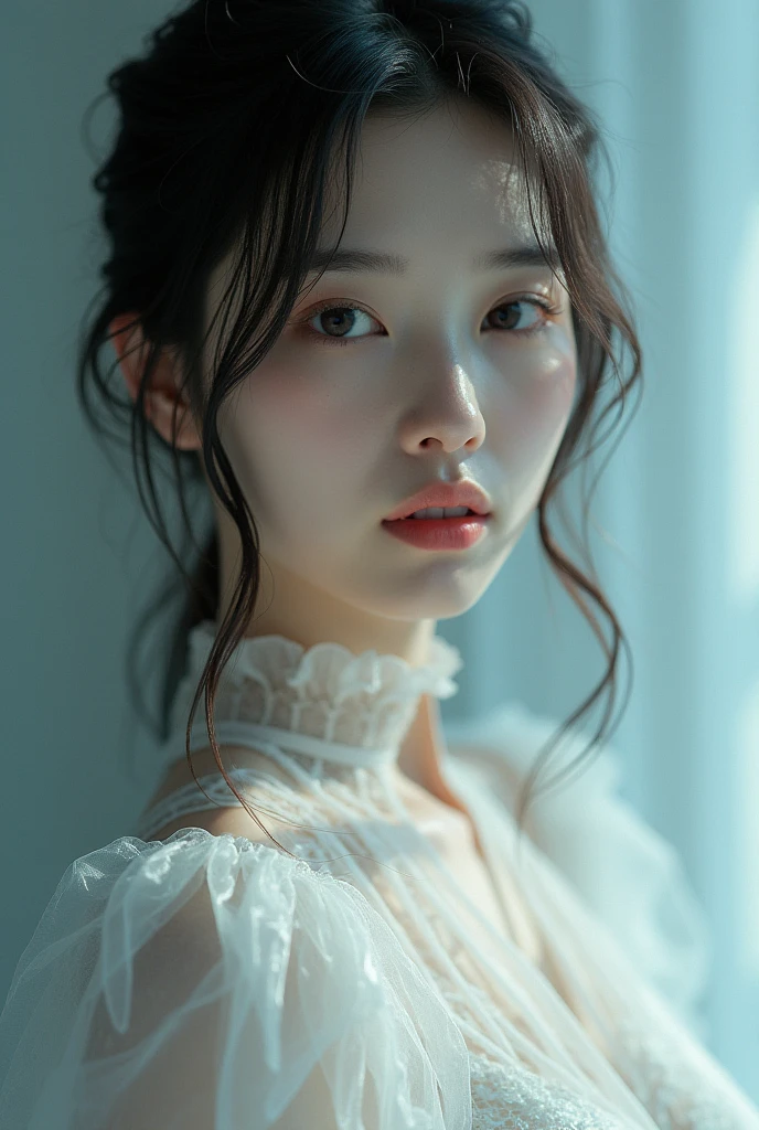 (masterpiece, 8k, best quality:1.3), 1 Korean woman, white dress, long sleeves, detailed face, delicate facial features, Detailed skin texture, Moonlight Lighting, vivid colors, movie lights, soft focus, Transparent PVC clothing,Transparent vinyl clothing,whole body,lump of defects}On the face,film grain,lens_flare,fancy,chromatic aberration,Expressing intense emotions:death,Glichart,very detailed,Very delicate and beautiful,albumcover,album,albumdescription,PixilationOn the face,double exposure,