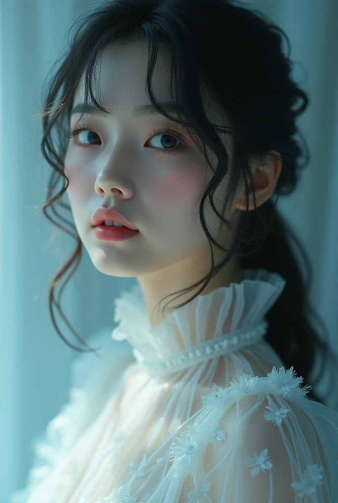 (masterpiece, 8k, best quality:1.3), 1 Korean woman, white dress, long sleeves, detailed face, delicate facial features, Detailed skin texture, Moonlight Lighting, vivid colors, movie lights, soft focus, Transparent PVC clothing,Transparent vinyl clothing,whole body,lump of defects}On the face,film grain,lens_flare,fancy,chromatic aberration,Expressing intense emotions:death,Glichart,very detailed,Very delicate and beautiful,albumcover,album,albumdescription,PixilationOn the face,double exposure,