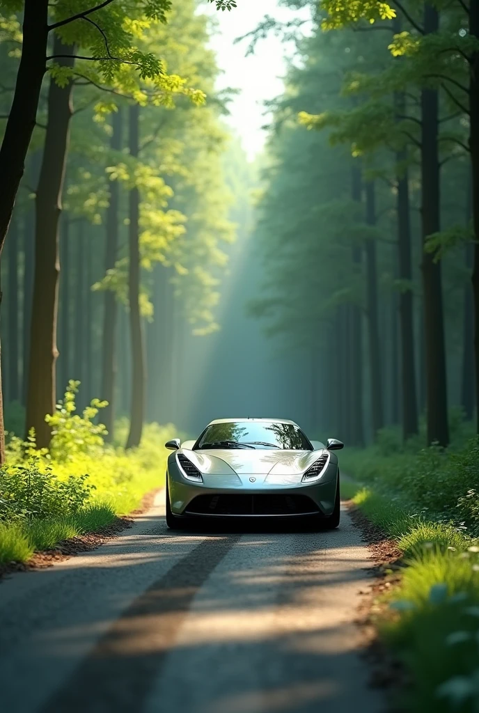 Car going on the road between trees 3D model