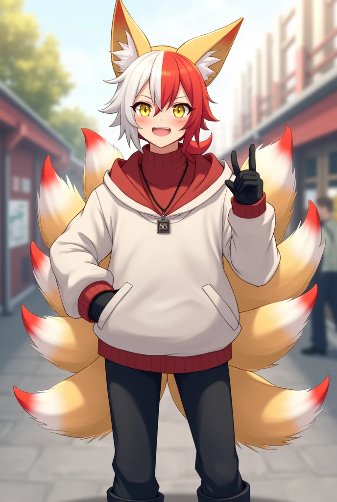 A male Kitsune character with half white and half red hair., with a ponytail, with the hair covering the eye a little on the left side, yellow  eyes, eyes large, humanoid, with ears and nine tails, all of them white with red tips, o nome dele é Kito Kaiiatsubaky,Men&#39;s Thick White Sweatshirt with Red Turtleneck Shirt, black pants and men&#39;s black boots, with black gloves, Personalidade: always cheerful and lively and willing to protect his friends and companions.