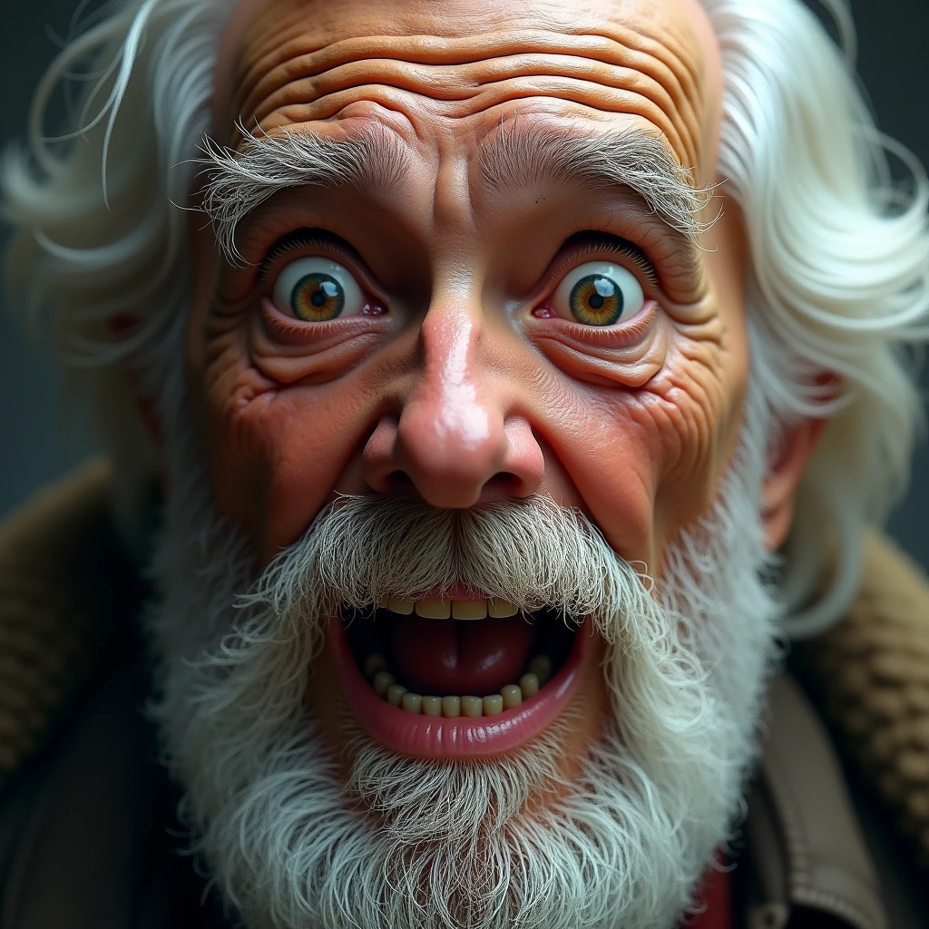 Surprised old man(Close-up of face): "Illustrate a hyper-realistic close-up of an elderly man's face with white hair and a thick beard, his eyes wide and his mouth slightly open in surprise. The details of his skin, beard, and wide-eyed expression are finely captured, with the background softly blurred to keep the focus on his shocked yet curious expression."