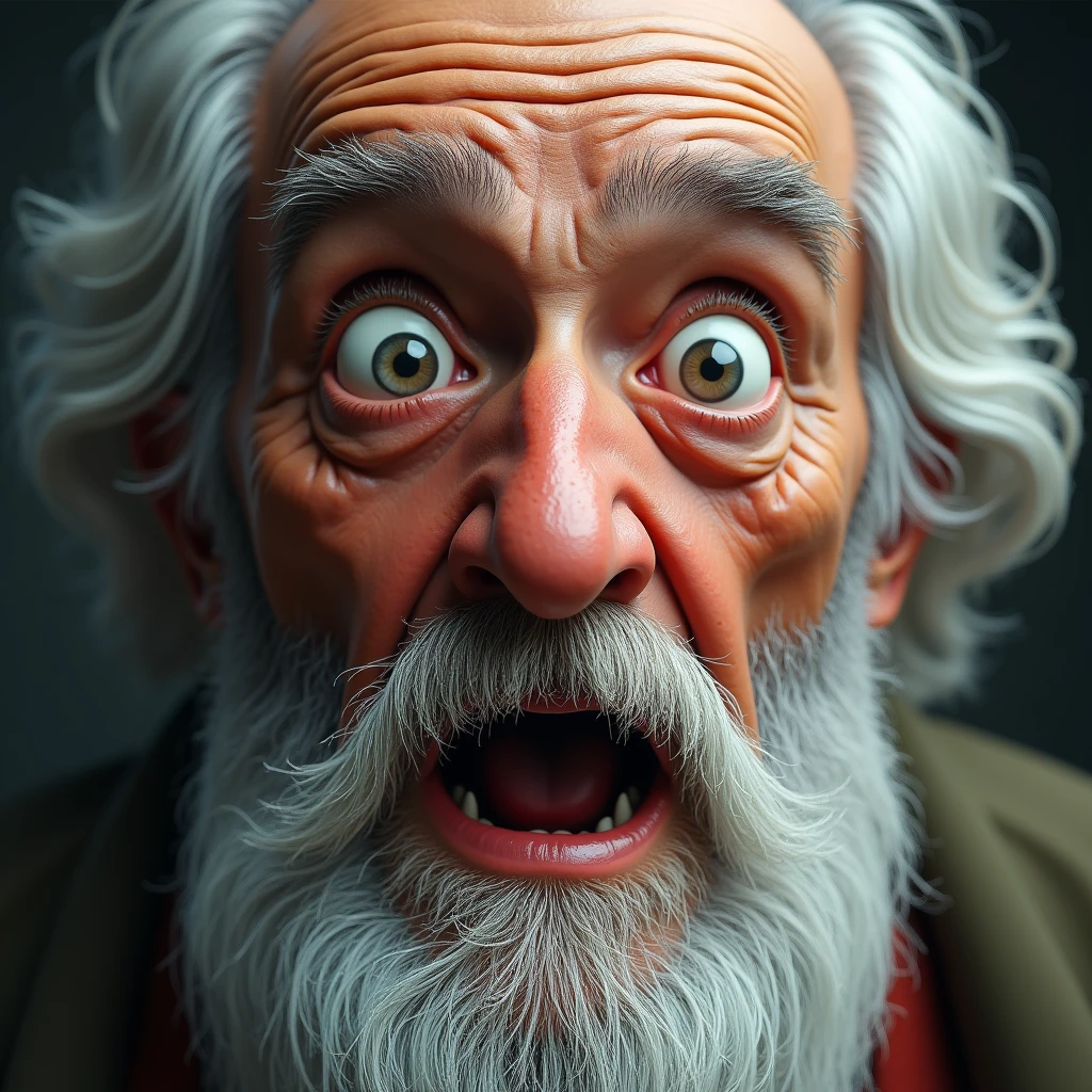 Surprised old man(Close-up of face): "Illustrate a hyper-realistic close-up of an elderly man's face with white hair and a thick beard, his eyes wide and his mouth slightly open in surprise. The details of his skin, beard, and wide-eyed expression are finely captured, with the background softly blurred to keep the focus on his shocked yet curious expression."