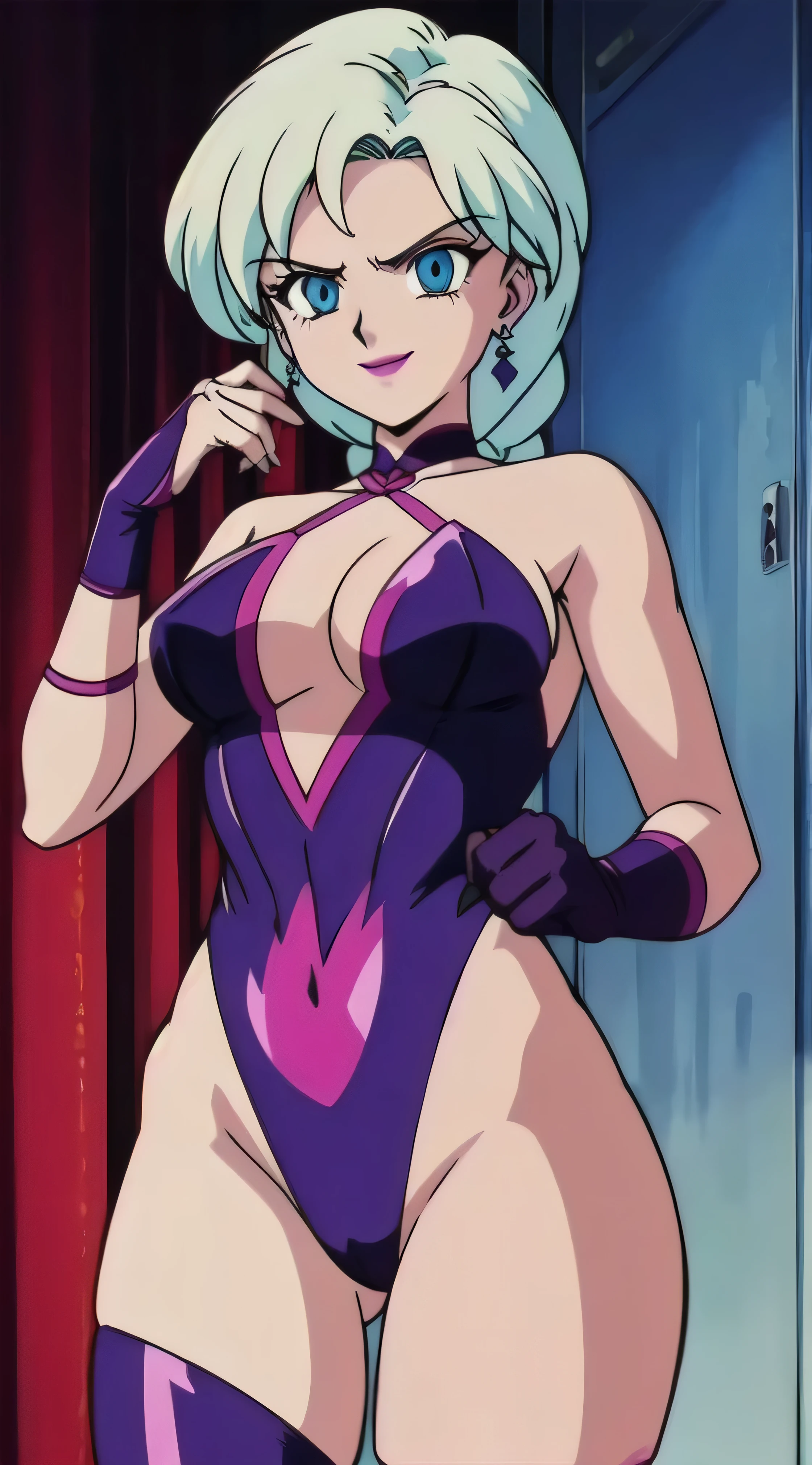 1girl, solo, facing viewer, looking down at viewer,looking at viewer,,,evil smile, BERTIE,,Highly detailed CG Unity 8K wallpaper, perfect lighting,official art,,(beautiful_face:1.5),(narrow_waist),,Highly detailed CG Unity 8K wallpaper, perfect lighting, anime screencap, retro artstyle, anime coloring, traditional media,most evil huge laugh,lipstick,sadistic smile,deep shaded face(eyes in shadow),singlebraid,smile worst,worst ridecule,most evil moukery,,onebraid,,two hands,five fingers,dark aura background,A face full of evil,most evil ridicule,lightblue bandage elbow fullgloves,thighhigh socs,horor, Violence, , The Empowerment of Evil, monster,Poison Possession,lightblue leotard,oily skin,shiny skin,