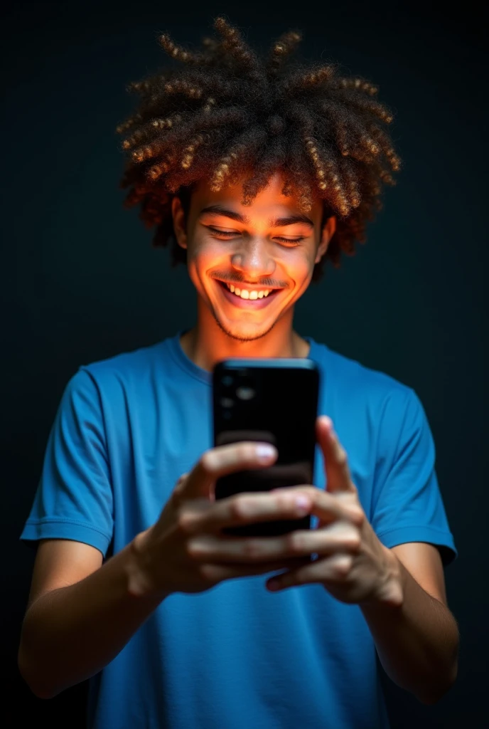 The image shows a young man with curly hair, smiling and holding up a smartphone and screen is ahead of camera in large image. He is wearing a blue t-shirt and appears to be happy and excited. The background is black