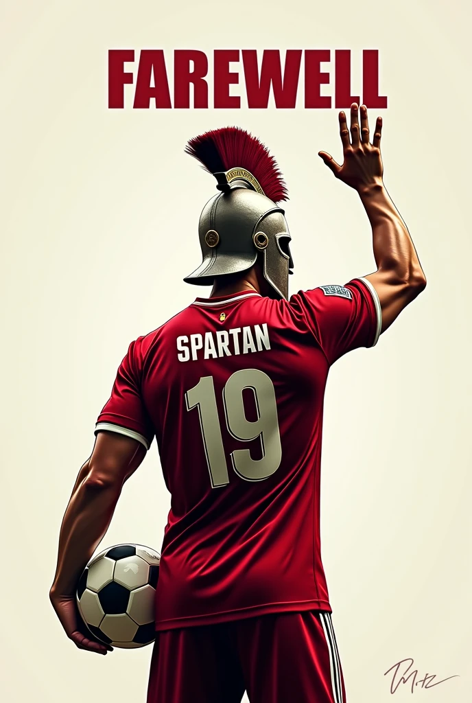 Generate Soccer farewell poster with "FAREWELL" written on top of it. A spartan turning backside with spartan helmet and football jersey with "spartan" & "19" written on its back holding ball in left hand and waving bye with his right hand.