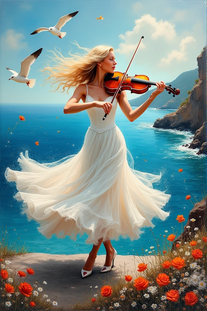 Abstract impressionist art, a lovely blonde woman wearing a classy elegant bal gown swirling while playing a white violin on a cliff, beautiful seascape, gentle waves below, couple of seagulls on flight. Full motion with movements emphasized by calligraphic strokes, sparkles and twinkles. Colorful acrylic splashes, textured, broad brush strokes, airbrush, chiaroscuro, impasto, Whimsically beautiful scenery with wild flowers cascade