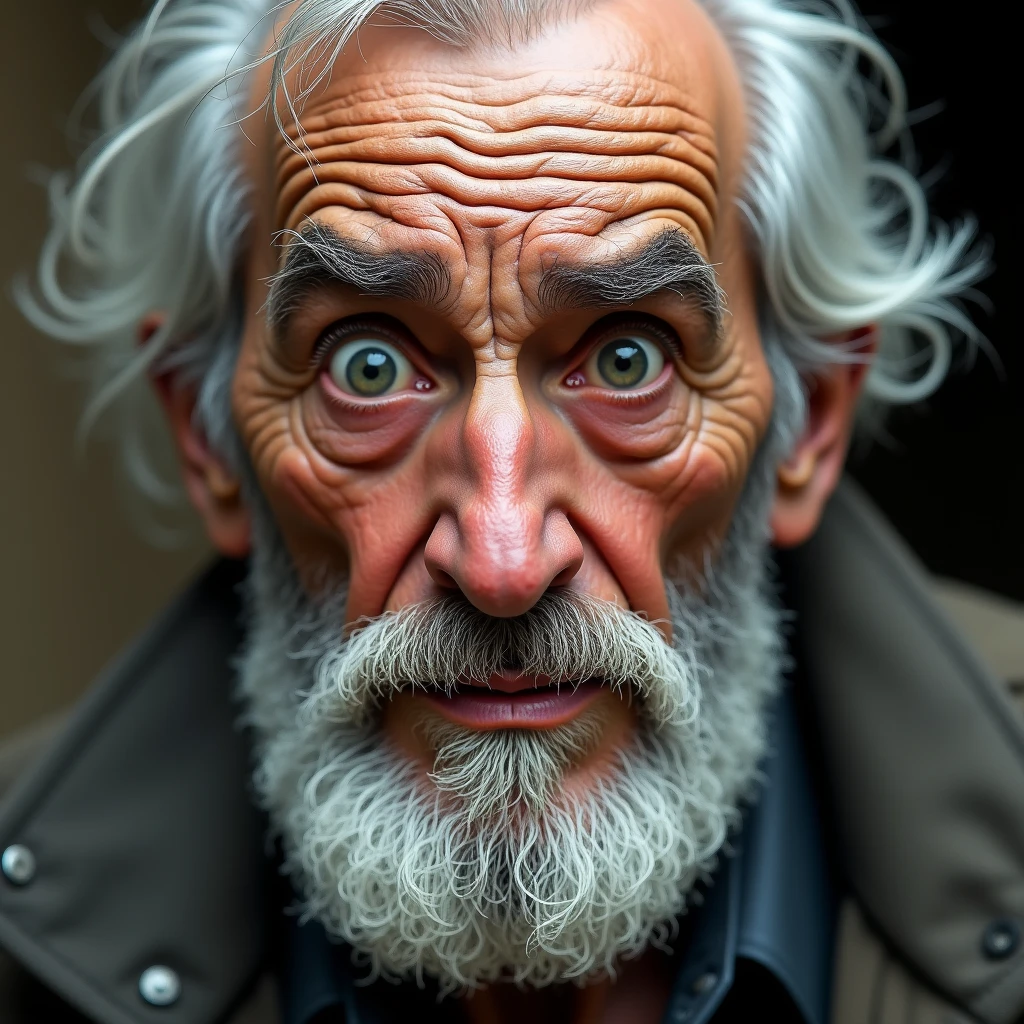 Confused old man(Close-up of face): "A detailed and realistic close-up of an elderly man's face with white hair and a full beard, showing a puzzled expression. His eyebrows are raised, and his mouth is slightly open as if he’s trying to understand something confusing. The texture of his skin and the details in his beard are emphasized, with the background softly blurred to maintain focus on his expression."