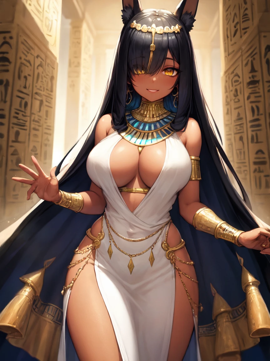 (SLE, mksks style, detailed background:1.1), (solo:1.3), mature, woman, dark skin, ornate egyptian dress, long hair, black hair, beautiful hair, hair over eye, yellow_eyes, voluptuous body, happy, portait, head tilt, volumetric lighting, (outdoor:1.3), egyptian house, colorful, large breasts, nice hips, female anubis, egyptian clothes, egyptian mythology
