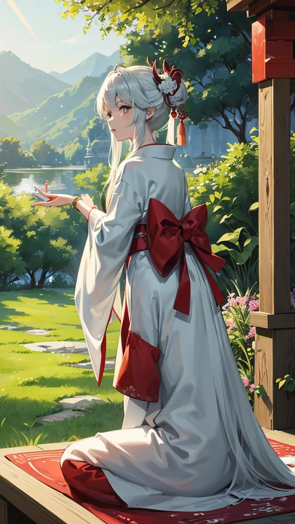 Title: Mythical Encounter in the Hills
Description: Create a digital artwork featuring two characters in a lush, green landscape with rolling hills and a clear sky. The scene should blend traditional Japanese elements with mythical themes, creating an intriguing narrative.
Characters:
Foreground Character:
Appearance: Mythical creature with green skin, long white hair, and large curved horns, resembling a humanoid goat.
Attire: Adorned with red and gold bracelets, intricate white markings on the face.
Pose: Seated on the grass with one hand resting on the ground and the other holding a red string or thread.
Expression: Calm and contemplative.
Background Character:
Appearance: Human figure wearing traditional Japanese attire, possibly a kimono with white fabric and red patterns.
Hair: Black, styled in an updo with red ornaments.
Pose: Standing behind the mythical creature, facing away from the viewer, looking towards the horizon.
Expression: Serene and thoughtful.
Setting:
Location: Lush, green landscape with rolling hills and distant mountains.
Time of Day: Daytime with a clear sky and soft sunlight.
Atmosphere: Peaceful and serene, with a sense of harmony between the characters and their surroundings.
Details:
Lighting: Use soft, natural lighting to highlight the characters and create a sense of depth.
Costume Design: Reflect traditional Japanese attire with attention to detail in patterns and accessories.
Atmosphere: Incorporate elements like gentle sunlight and subtle shadows to enhance the tranquil mood.
Text Elements:
Top Right Corner: Japanese character “理” (meaning “reason” or “logic”).
Bottom Left Corner: Japanese text "Really scary fairy tales" (translates to “truly scary fairy tales”).