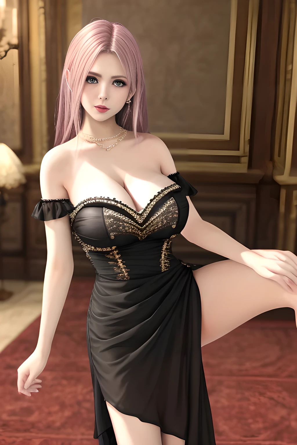 1girl ,flirtatious expression, wearing an elegant black strapless dress. The perspective-dress is beautifully designed with ruching on the bodice and a cascading ruffled asymmetrical hem, adding a playful and chic touch to the outfit. The person is standing upright, with one hand gently touching their leg and the other hand relaxed by their side. The background is plain and neutral, drawing attention to the dress itself. The lighting is soft, highlighting the details of the dress and creating a fashionable and stylish atmosphere,, huge breasts,mature women, elise