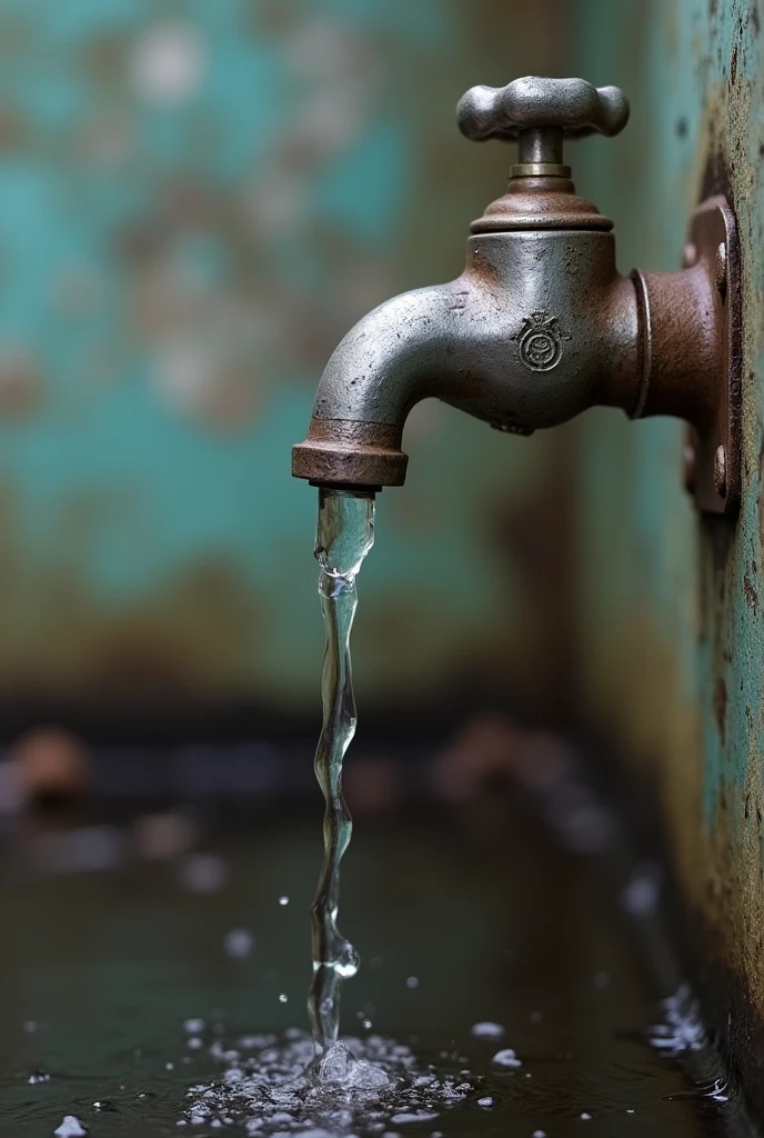 Water tap close-up side shot in frame falling single drops photo quality 4k high detail of small objects in the background dilapidated wall