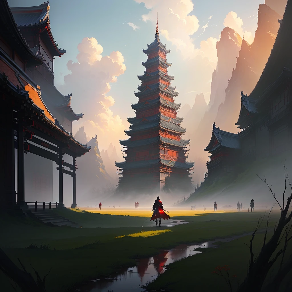 a painting of a person walking in a field with a red cloak, by Yang J, by Li Song, by Qu Leilei, andreas rocha style, by Song Xu, anime epic artwork, by Huang Shen, ross tran. scenic background, traditional japanese concept art, by Fan Qi, by Victor Wang, feudal japan art, inspired by Fenghua Zhong