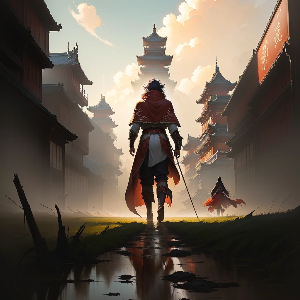 a painting of a person walking in a field with a red cloak, by Yang J, by Li Song, by Qu Leilei, andreas rocha style, by Song Xu, anime epic artwork, by Huang Shen, ross tran. scenic background, traditional japanese concept art, by Fan Qi, by Victor Wang, feudal japan art, inspired by Fenghua Zhong