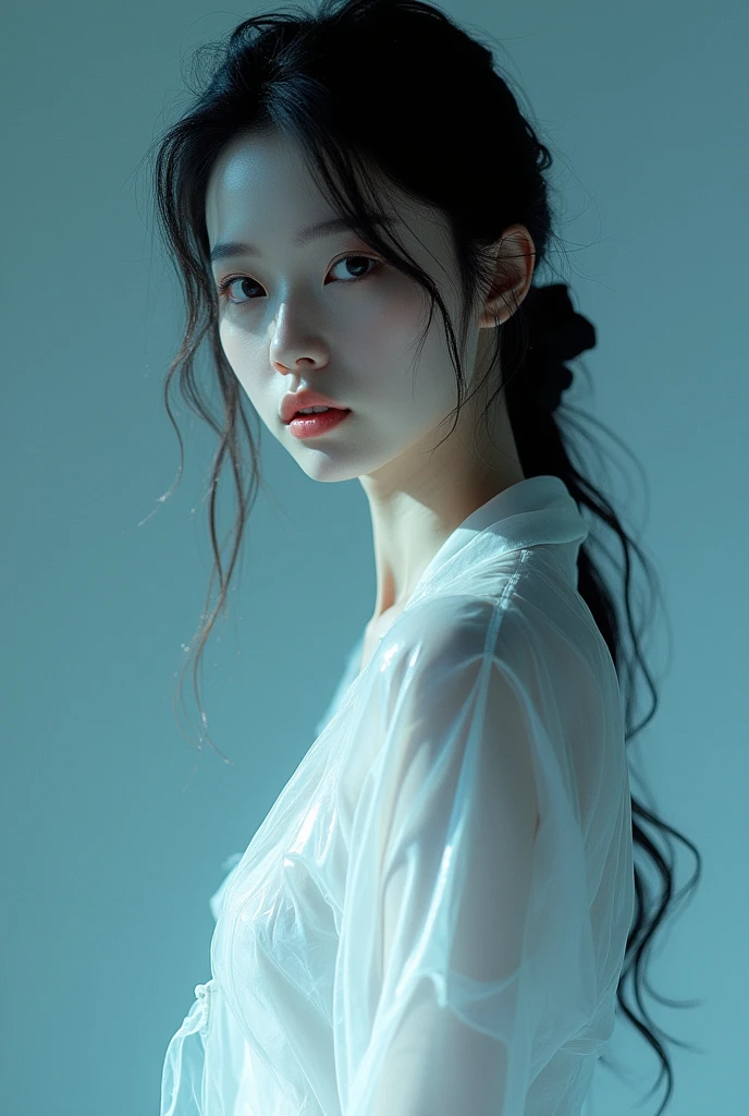 (masterpiece, 8k, best quality:1.3), 1 Korean woman, white dress, long sleeves, detailed face, delicate facial features, Detailed skin texture, Moonlight Lighting, vivid colors, movie lights, soft focus, Transparent PVC clothing,Transparent vinyl clothing,whole body,lump of defects}On the face,film grain,lens_flare,fancy,chromatic aberration,Expressing intense emotions:death,Glichart,very detailed,Very delicate and beautiful,albumcover,album,albumdescription,PixilationOn the face,double exposure,