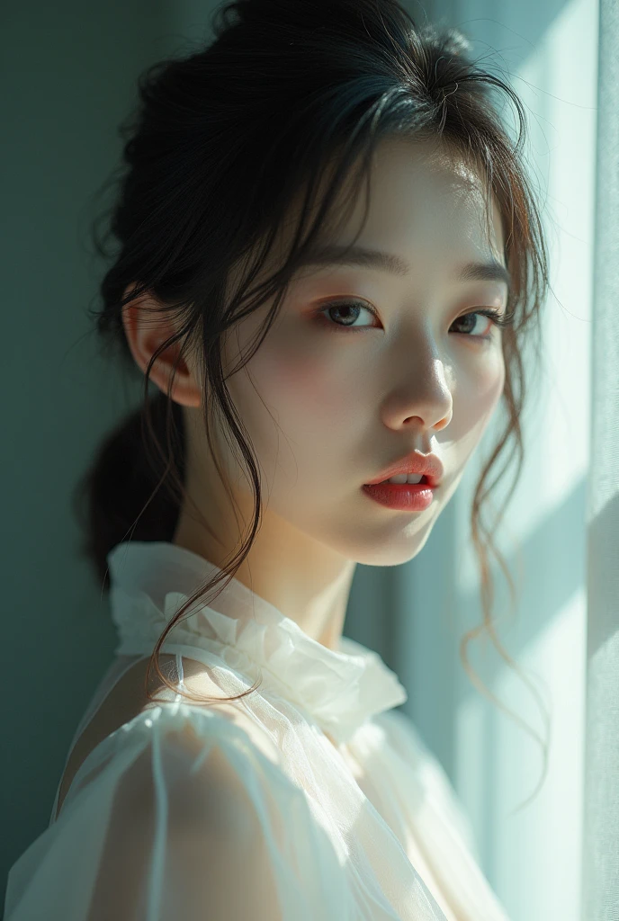 (masterpiece, 8k, best quality:1.3), 1 Korean woman, white dress, long sleeves, detailed face, delicate facial features, Detailed skin texture, Moonlight Lighting, vivid colors, movie lights, soft focus, Transparent PVC clothing,Transparent vinyl clothing,whole body,lump of defects}On the face,film grain,lens_flare,fancy,chromatic aberration,Expressing intense emotions:death,Glichart,very detailed,Very delicate and beautiful,albumcover,album,albumdescription,PixilationOn the face,double exposure,