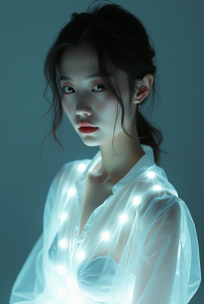 (masterpiece, 8k, best quality:1.3), 1 Korean woman, white dress, long sleeves, detailed face, delicate facial features, Detailed skin texture, Moonlight Lighting, vivid colors, movie lights, soft focus, Transparent PVC clothing,Transparent vinyl clothing,whole body,lump of defects}On the face,film grain,lens_flare,fancy,chromatic aberration,Expressing intense emotions:death,Glichart,very detailed,Very delicate and beautiful,albumcover,album,albumdescription,PixilationOn the face,double exposure,