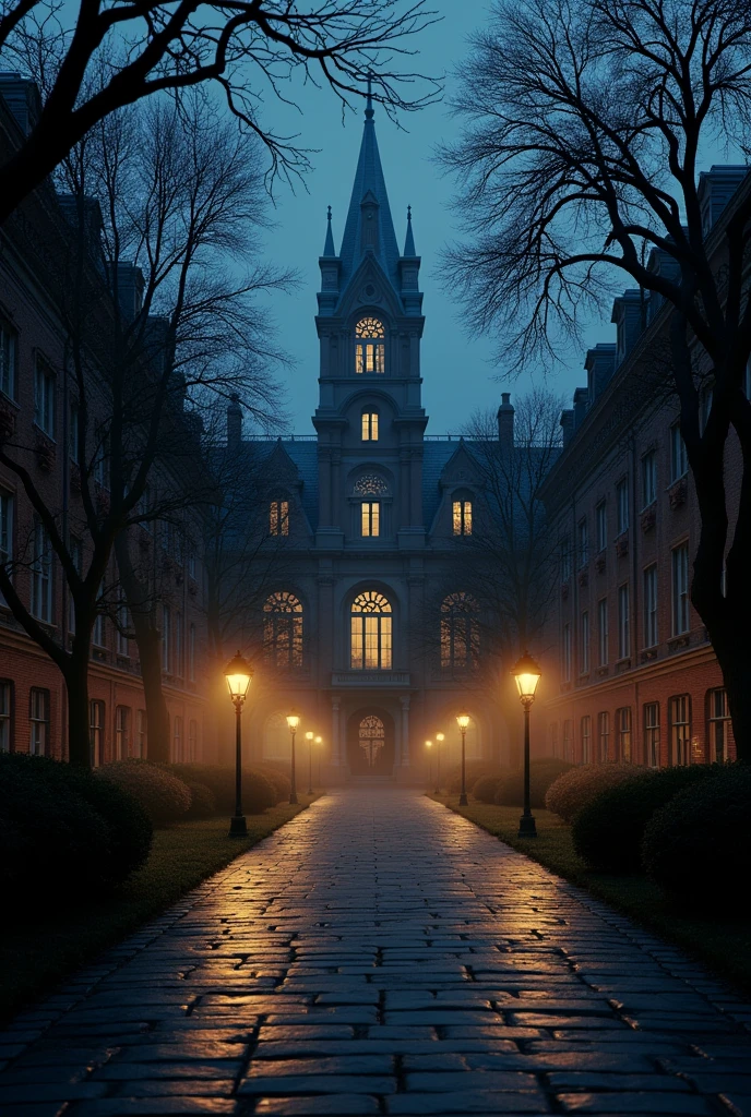 a quiet dimly lit university campus at night,the main building shrouded in shadows,soft glow of street lamps,faint scent of old books,detailed architecture,atmospheric lighting,cinematic composition,moody tones,dramatic shadows,intricate details,muted color palette,serene environment,photorealistic,masterpiece