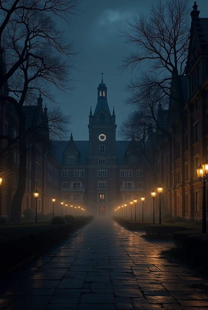 a quiet dimly lit university campus at night,the main building shrouded in shadows,soft glow of street lamps,faint scent of old books,detailed architecture,atmospheric lighting,cinematic composition,moody tones,dramatic shadows,intricate details,muted color palette,serene environment,photorealistic,masterpiece