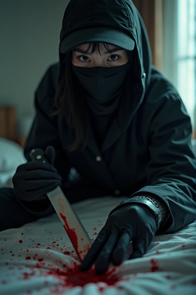 korean girl, (behind stiff, holding knife), stabbing, black balaclava mask, black gloves, girl's room, black raincoat, trucker hat, bloody knife, black gloves, woman on top, behind cadaver, blood splatter, on the bed, looking at viewer, girl only, mass murderer, killer, blood splatter, dark atmosphere, cinematic lighting, atmospheric realistic, light from the window, close-up,
