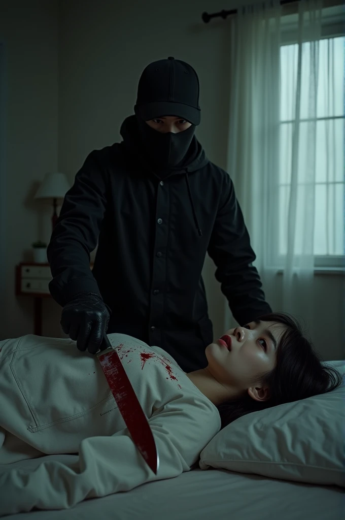 korean girl, (behind stiff, holding knife), stabbing, black balaclava mask, black gloves, girl's room, black raincoat, trucker hat, bloody knife, black gloves, woman on top, behind cadaver, blood splatter, on the bed, looking at viewer, girl only, mass murderer, killer, blood splatter, dark atmosphere, cinematic lighting, atmospheric realistic, light from the window, close-up,
