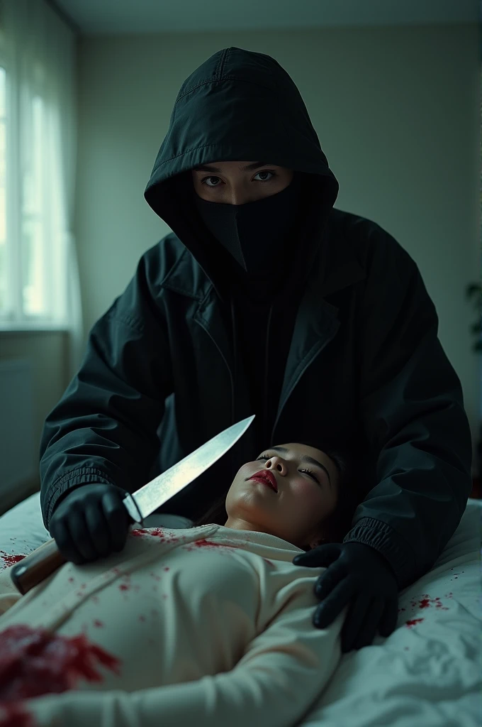 korean girl, (behind stiff, holding knife), stabbing, black balaclava mask, black gloves, girl's room, black raincoat, trucker hat, bloody knife, black gloves, woman on top, behind cadaver, blood splatter, on the bed, looking at viewer, girl only, mass murderer, killer, blood splatter, dark atmosphere, cinematic lighting, atmospheric realistic, light from the window, close-up,