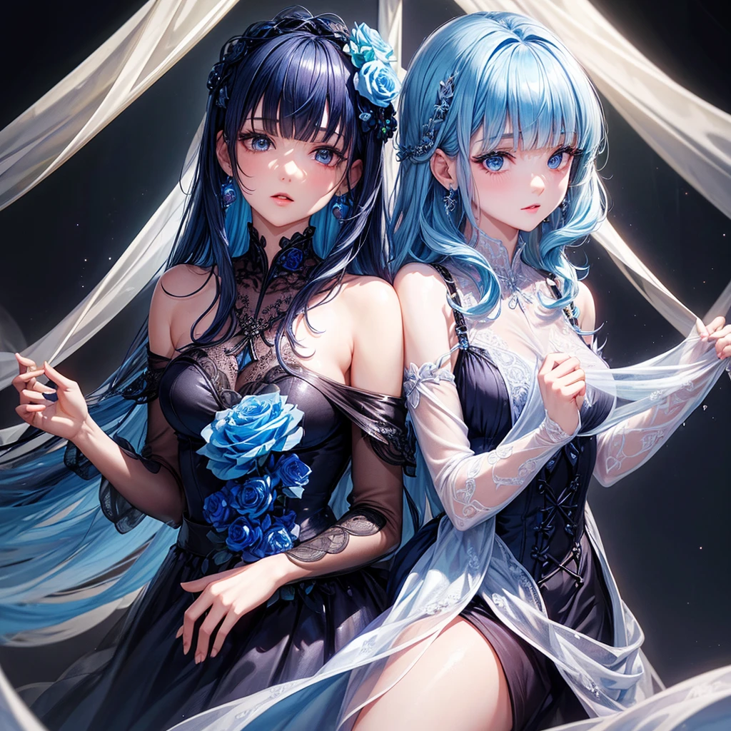 ((Highest quality)),(Ultra-high resolution),Dark blue rose dress,Highly detailed CG Unity 8k wallpaper, Cool, lots of Earrings, Earrings, Blue hair, Curly Hair, Blunt bangs, Straight bangs, Blue eyes, White skin, Gal, Improve、Flat Chest、Reduce exposure