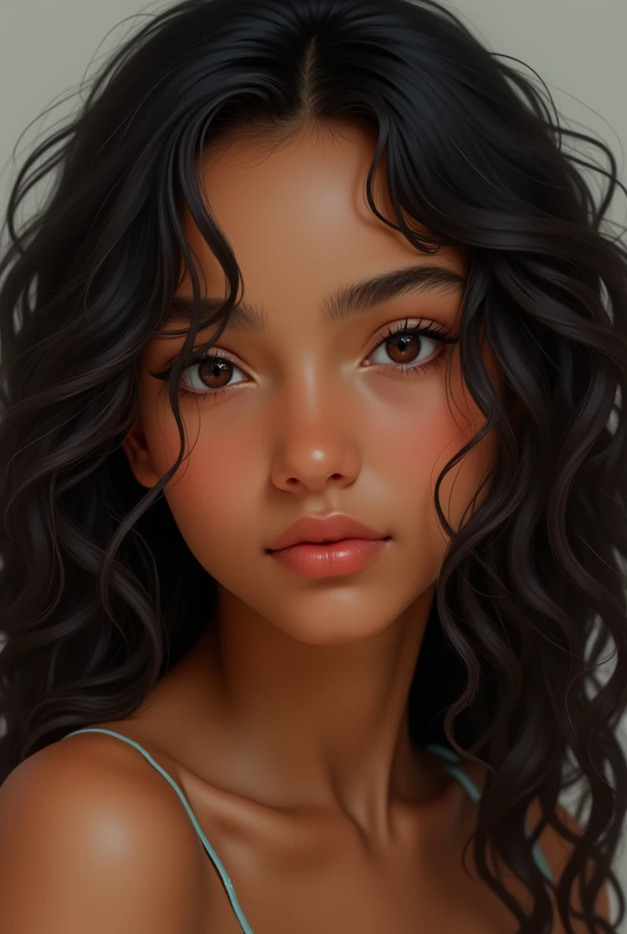 a young face with brown skin, long, loose curly black hair, brown eyes