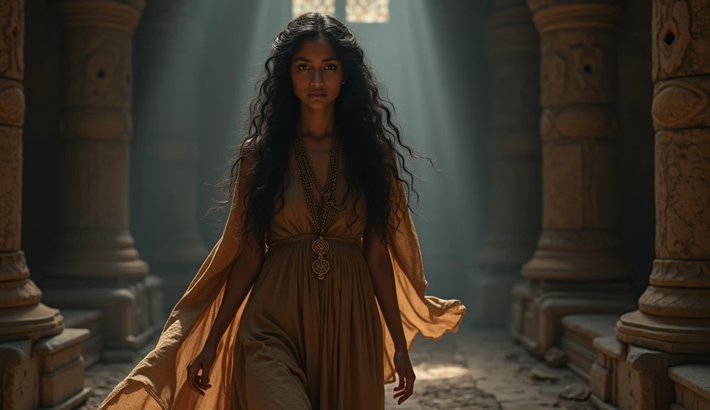 Priya, the historian and cultural expert, moves gracefully across the room, her long black hair cascading over her shoulders. She wears a flowing bohemian-style dress in earthy tones, which contrasts with the dark, somber surroundings. Her deep brown eyes are filled with curiosity as she scans the ancient texts and artifacts, searching for clues. Around her neck, she wears a pendant with a mysterious symbol, a constant reminder of her connection to the ancient knowledge she seeks. Priya's calm and composed presence brings a sense of peace to the group, even in the face of the unknown.