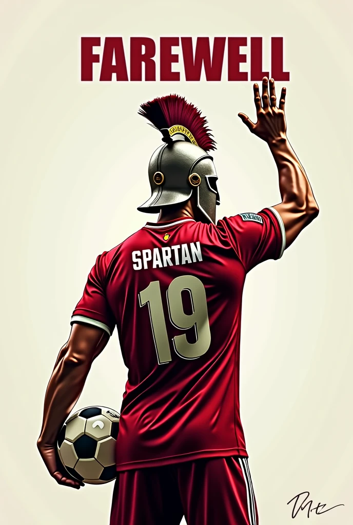 Generate Soccer farewell poster with "FAREWELL" written on top of it. A spartan turning backside with spartan helmet and football jersey with "spartan" & "19" written on its back holding ball in left hand and waving bye with his right hand.