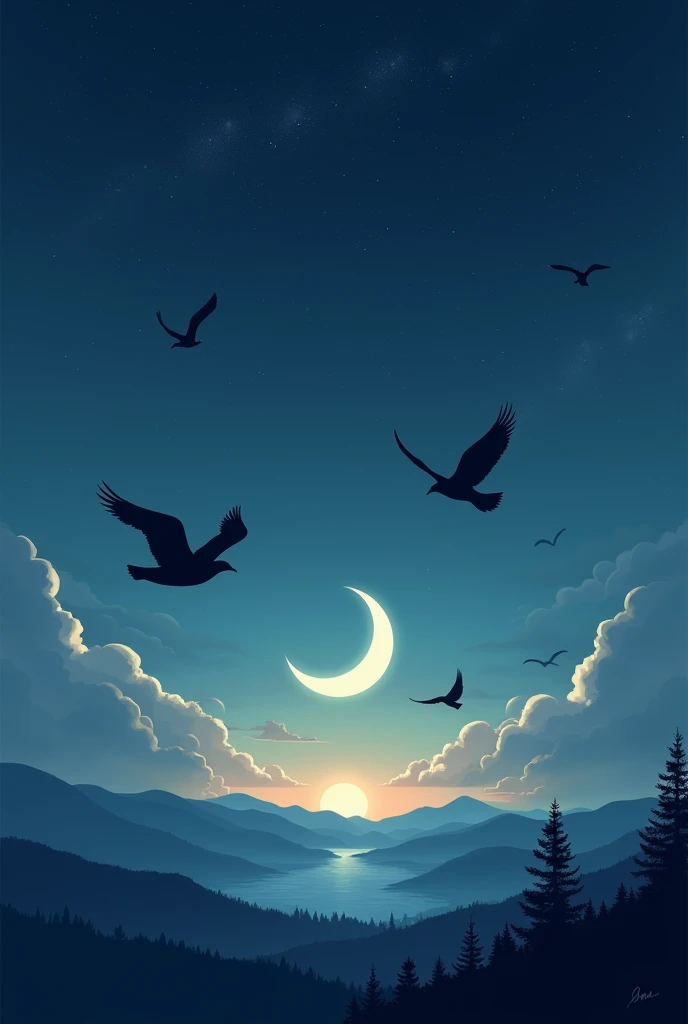 Sky night with moon and birds landscape