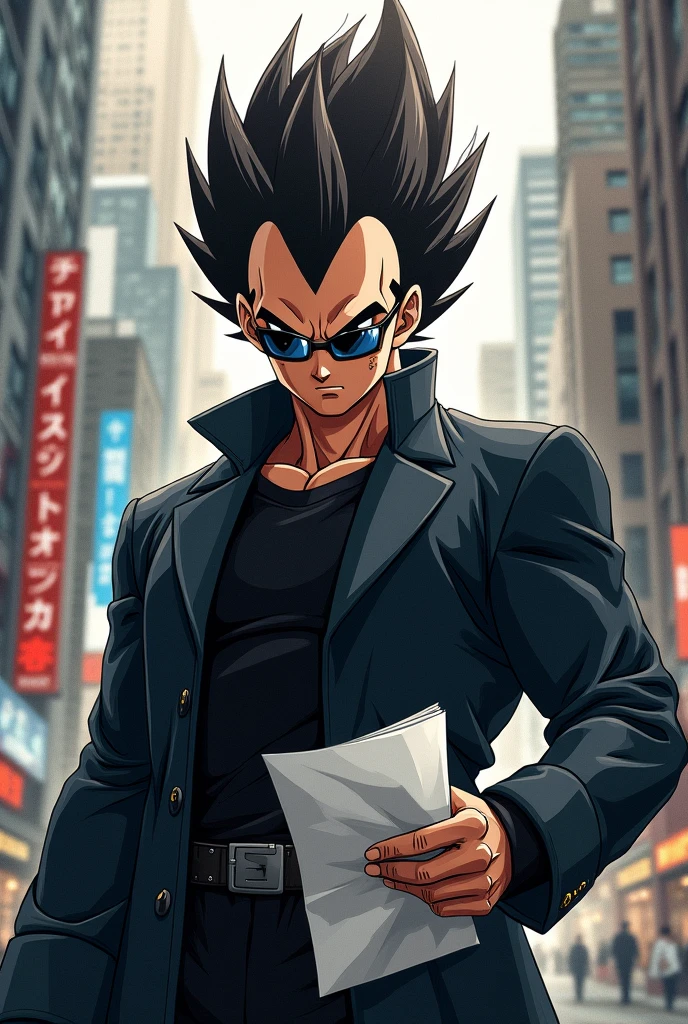 "a detailed artwork by Vegeta in an overcoat and a black shirt wearing sunglasses over his face with a serious expression, Dragon ball z, 4K, 8k, FULL HD, Corps entier, Dragon Ball Art Style, Hyperrealistic drawing style, Clean and detailed anime art, city background, vegeta saiyan, vege and he holding a paper in hand good hair style