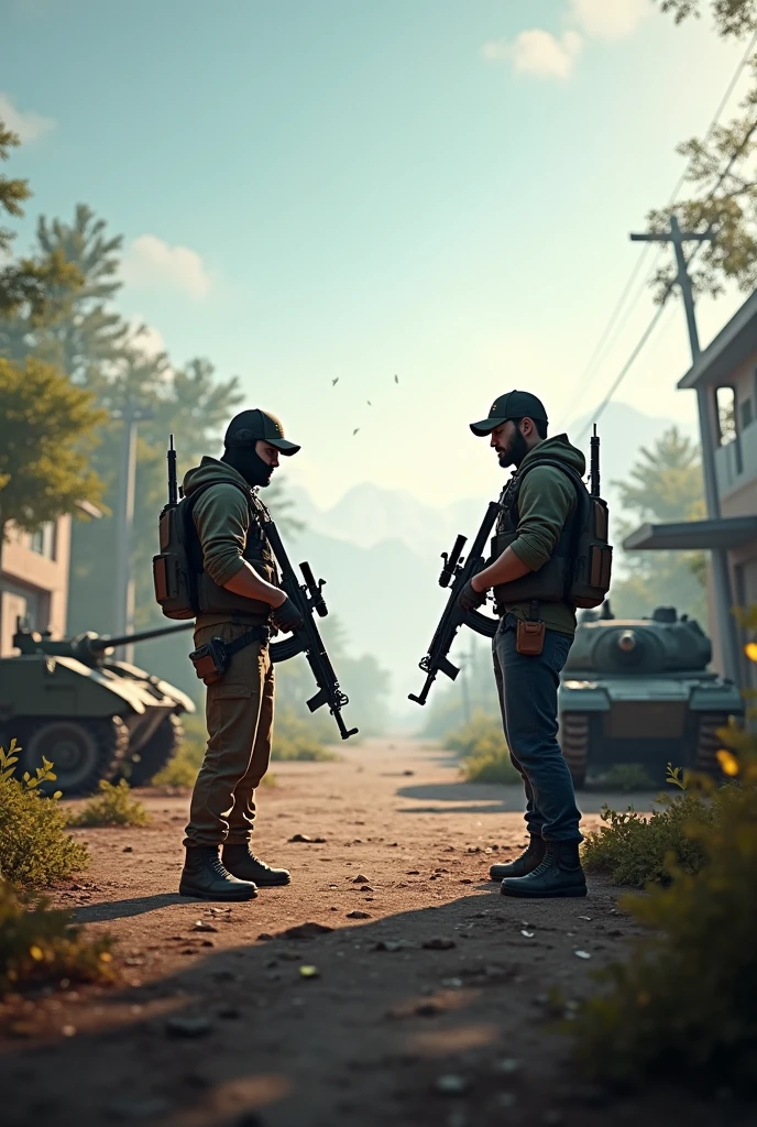 Free fire game player vs player with war background and make 2 man standing 100m away from each other seeing each other add more distance like game characters
with guns in thier hand seeing each other write at bottom of the player BB ABBU AND BB CLON add plants and tanks plans in background youtube thumbnail for 4 million + views make it 1280×720 pixels