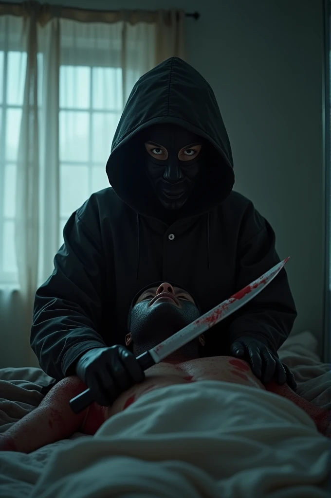 korean girl, (behind stiff, holding knife), stabbing, leather balaclava mask, black gloves, girl's room, black raincoat, hood up, bloody knife, black gloves, woman on top, behind cadaver, blood splatter, on the bed, looking at viewer, girl only, mass murderer, killer, blood splatter, dark atmosphere, cinematic lighting, atmospheric realistic, light from the window, close-up,