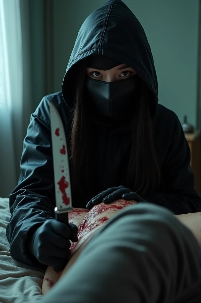 korean girl, (behind stiff, holding knife), stabbing, leather balaclava mask, black gloves, girl's room, black raincoat, hood up, bloody knife, black gloves, woman on top, behind cadaver, blood splatter, on the bed, looking at viewer, girl only, mass murderer, killer, blood splatter, dark atmosphere, cinematic lighting, atmospheric realistic, light from the window, close-up,
