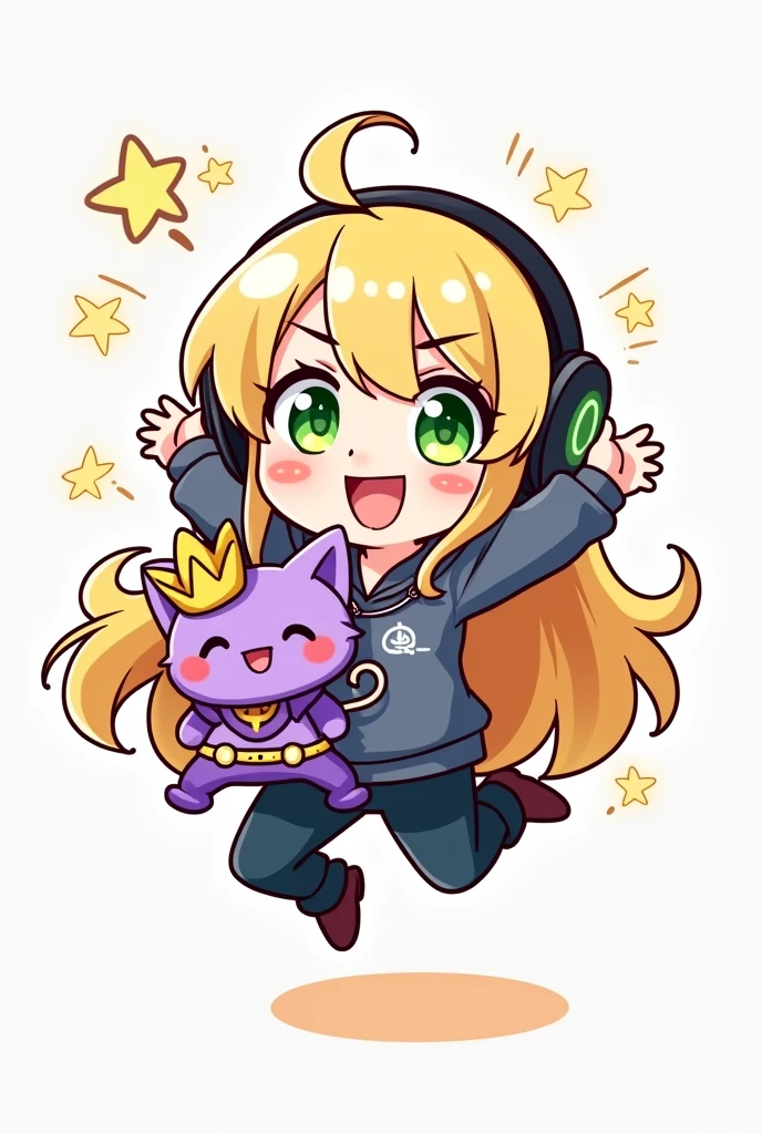 CHIBI BLONDE AUX CHEVEUX LONG AUX YEUX VERT QUI EST BEAUCOUP TROP CONTENTE ET QUI SAUTE DE JOIE ET QUI FAIT SALUT DE LA MAIN ET QUI AS UN CASQUE GAMING SUR LA TETE ET QUI PORTE DANS SES MAINS UNE PELUCHE D UN PETIT CHAT VIOLET AVEC DES SUPER POUVOIRS QUI AS SUR LA TETE UNE COURONNE DORE LE DESSIN DOIT ETRE EN MODE DESSIN