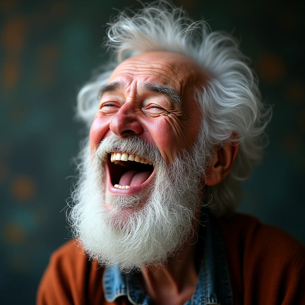 Old man laughing out loud(Close-up of face): "Create a lifelike close-up image of an elderly man's face with white hair and a bushy beard, his head slightly thrown back in a hearty laugh. His eyes are closed, and his mouth is wide open in laughter, showing deep wrinkles around his eyes and mouth. The background is softly blurred, keeping the focus on the pure joy in his expression."