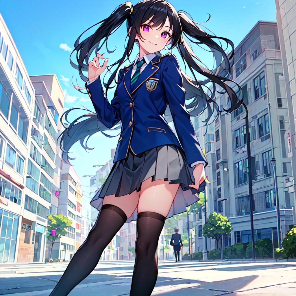 masterpiece, best quality, high quality, extremely detailed, very delicate and beautiful, (1female 1 adult solo:1.5), (long black hair with two side up:1.5), bangs to eyebrows, eyes sharp and bright (eye color magenta:1.3), 6.5 head height, (clothes navy blue uniform blazer and gray uniform skirt and tie blue-green and black knee socks:1.3), lace, (standing), ( walking :1.3),(dynamic pose), (smiling), (background School building:1.3), ( Blue sky:1.3)