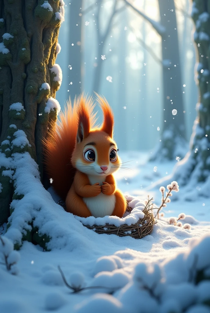 Winter Arrives in the Forest:**
- "A transformation scene of the forest from sunny and green to cold and snow-covered. Snowflakes are gently falling, and the trees are coated in white. The forest looks quiet and still, with the animals' homes covered in snow. Sammy the squirrel is shivering in his nest, looking cold and worried."