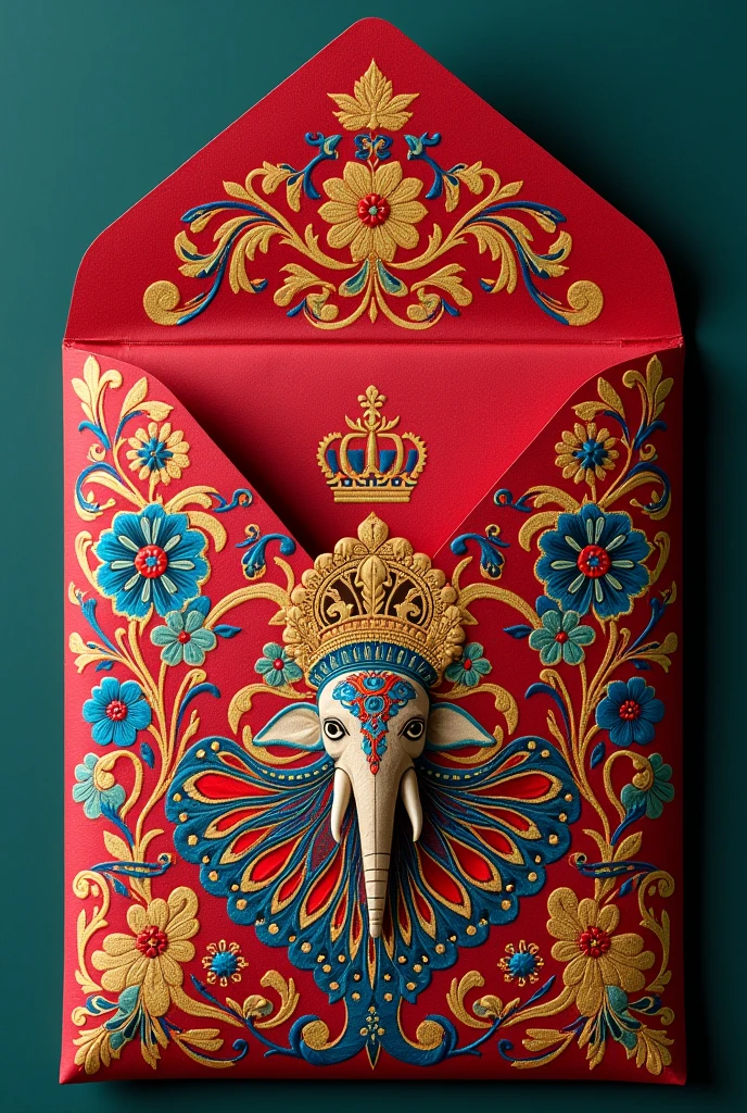 create an embroidered envelope for Pakistani wedding, should be colourful and aesthetic, targeting royal weddings, used for giving money so size should be 3 inch heighy and 7 inch length. Should be modern and design shoild be only front flat surface. can be inspire from Pakistani local and truck arts. Can include peacock or elephant. Can you give more options and it would be making on computerised machines. 