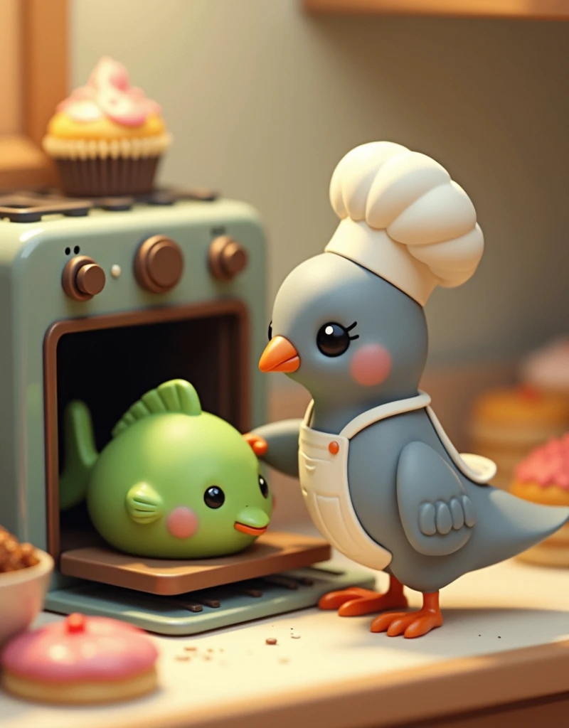 (Green hairless blow fish cupcake), Cute miniature「Gray color」A little dove is dressed as a chef and baking a green blow fish cake in the oven.. biscuit, Cupcakes in the background.