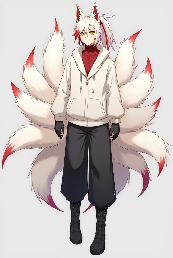 A male Kitsune character with half white and half red hair., with a ponytail, with the hair covering the eye a little on the left side, yellow eyes, eyes large, humanoid, with ears and nine tails, all of them white with red tips, o nome dele é Kito Kaiiatsubaky, Men's Thick White Sweatshirt with Red Turtleneck Shirt, black pants and men's black boots, with black gloves.