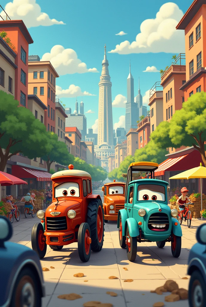 The car, the tractor, the bus and the bike happily exploring the city, with buildings, trees and the market in the background