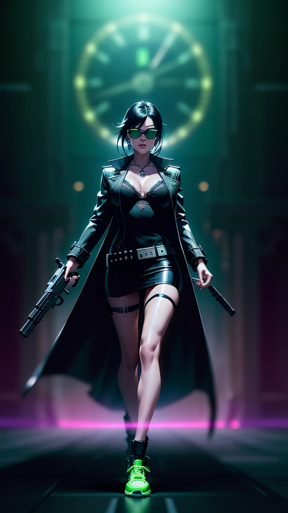 cyberpunk-style city with a nocturnal vibe with Matrix-like aesthetic references, glowing huge clock tower as time machine, green glowing cascading code. At night, (1girl, solo, alone), photorealistic, medium-breast slim:0.6 body, oval:0.5 face, cleavage:1.1, sexy black laced bra, miniskirt, white laced panty, coat, (black micro sunglasses), (holding a short gun), (slightly leaning forward running pose), ((half-body thigh level medium shot)), cinematic lighting, ray tracing, radial zoom blurred background.